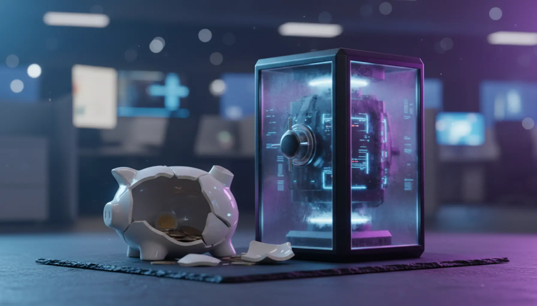 Cofre digital futurista ao lado de porquinho quebrado simbolizando economia.