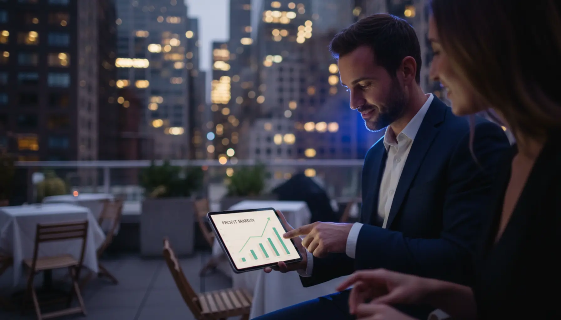 Empresário em rooftop exibe gráfico de lucro no tablet, cidade iluminada ao fundo.