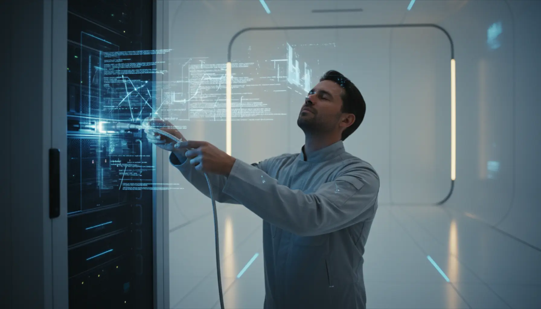 Pessoa aliviada conectando cabo servidor moderno simbolizando migração fácil dados