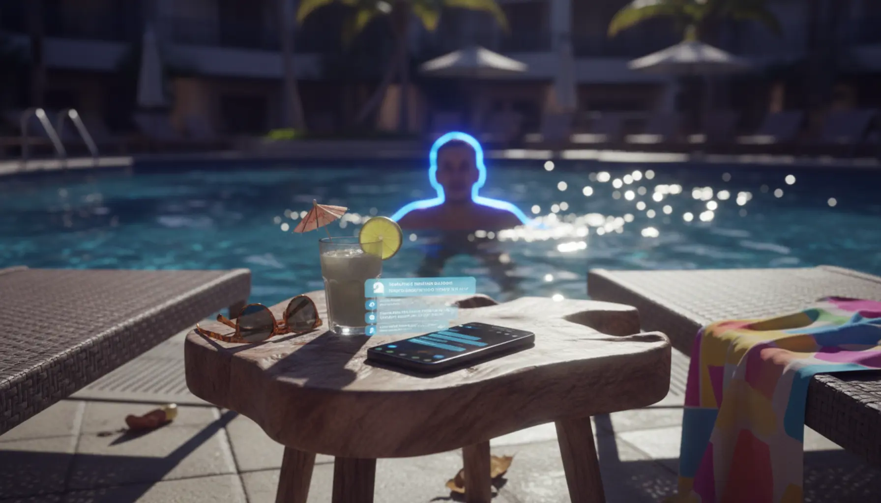 Smartphone na mesa de piscina respondendo mensagens enquanto proprietário nada ao fundo.