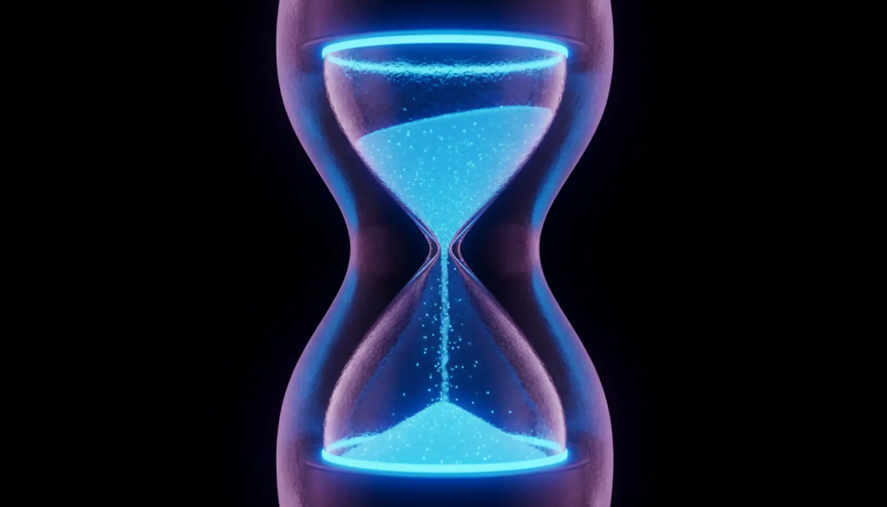 Ampulheta futurista com areia azul neon indicando escassez em fundo escuro