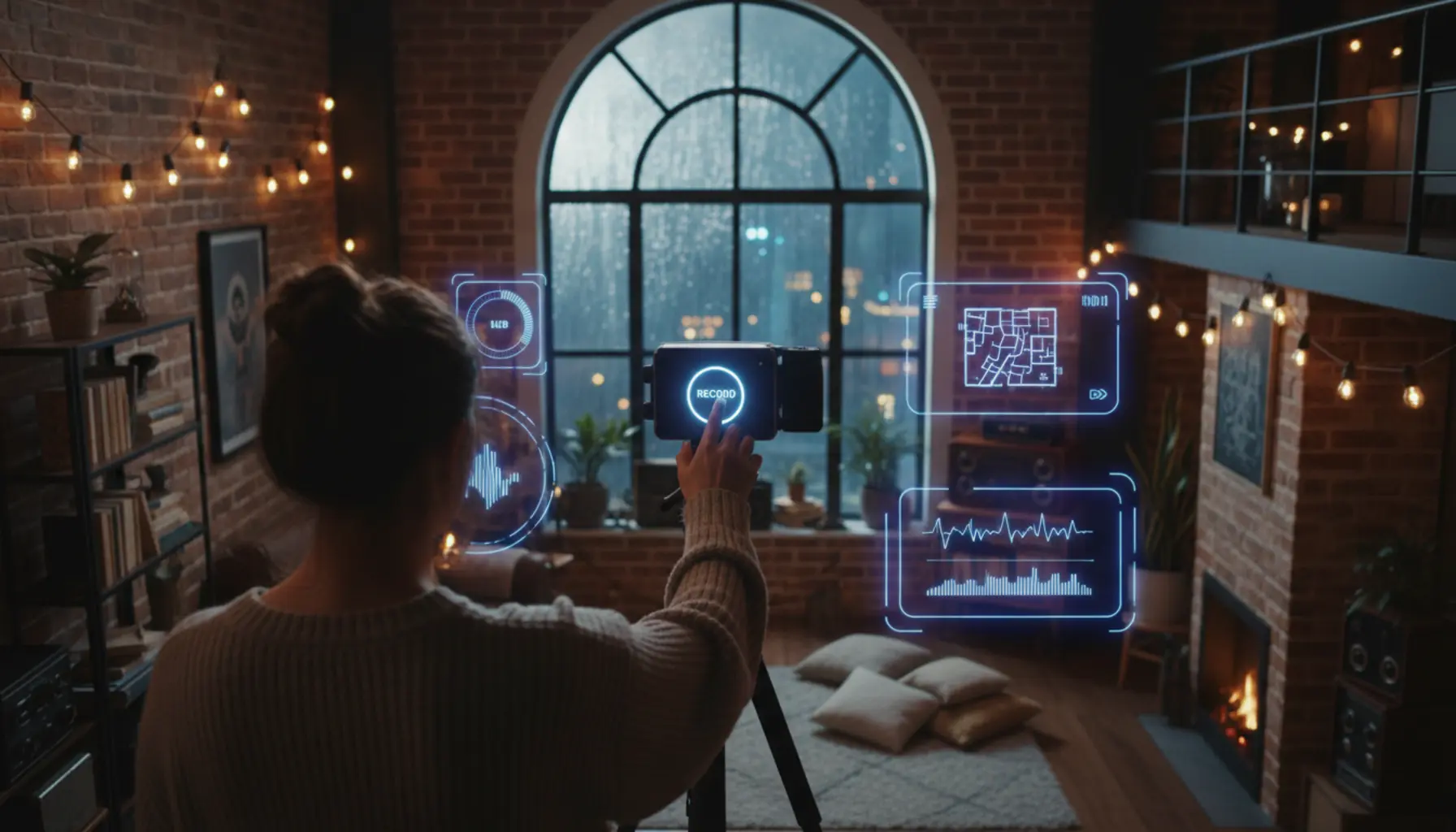 Criador de conteúdo gravando curso online em estúdio caseiro moderno