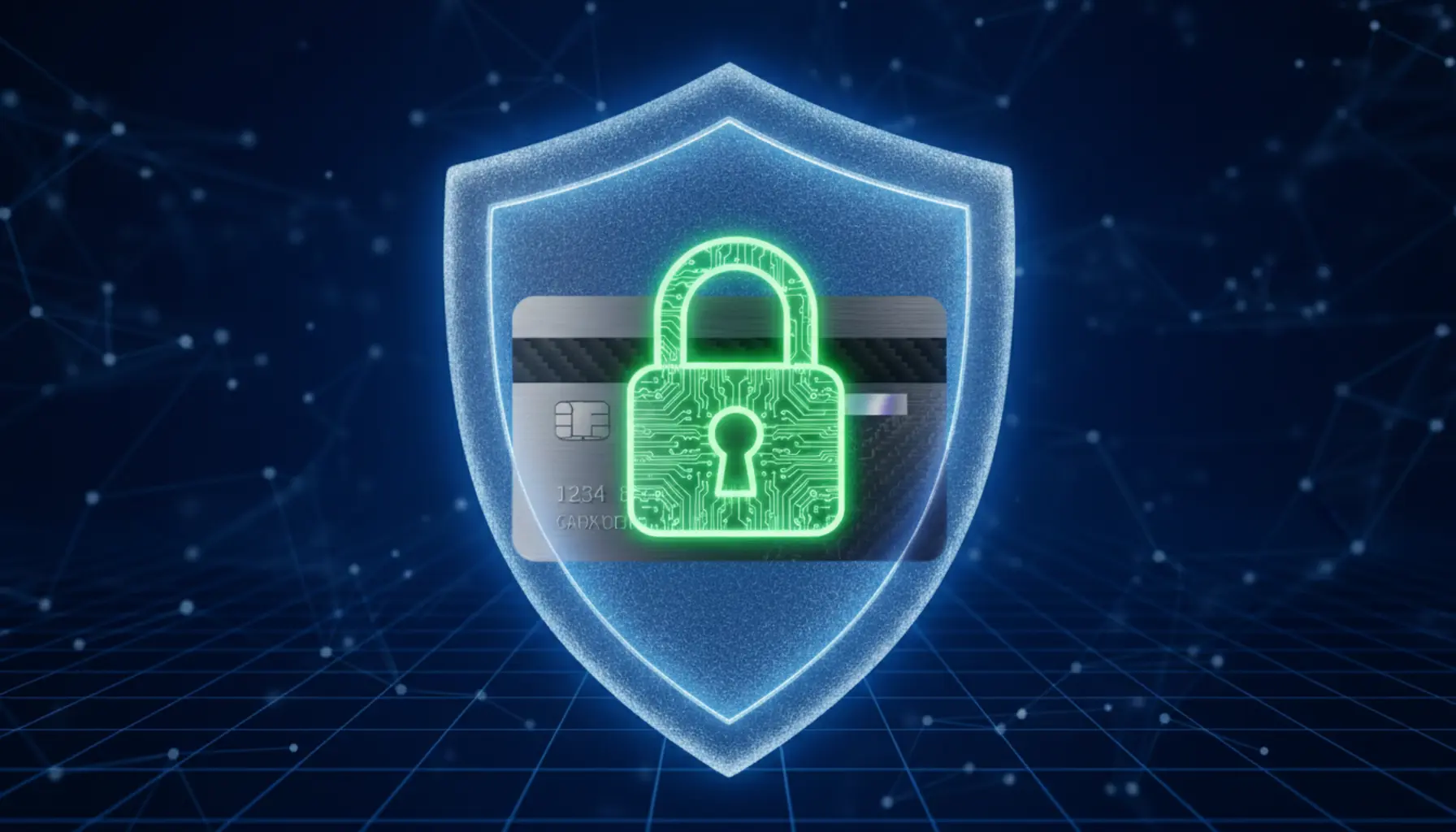 Ícone 3D de escudo de vidro protegendo cartão de crédito