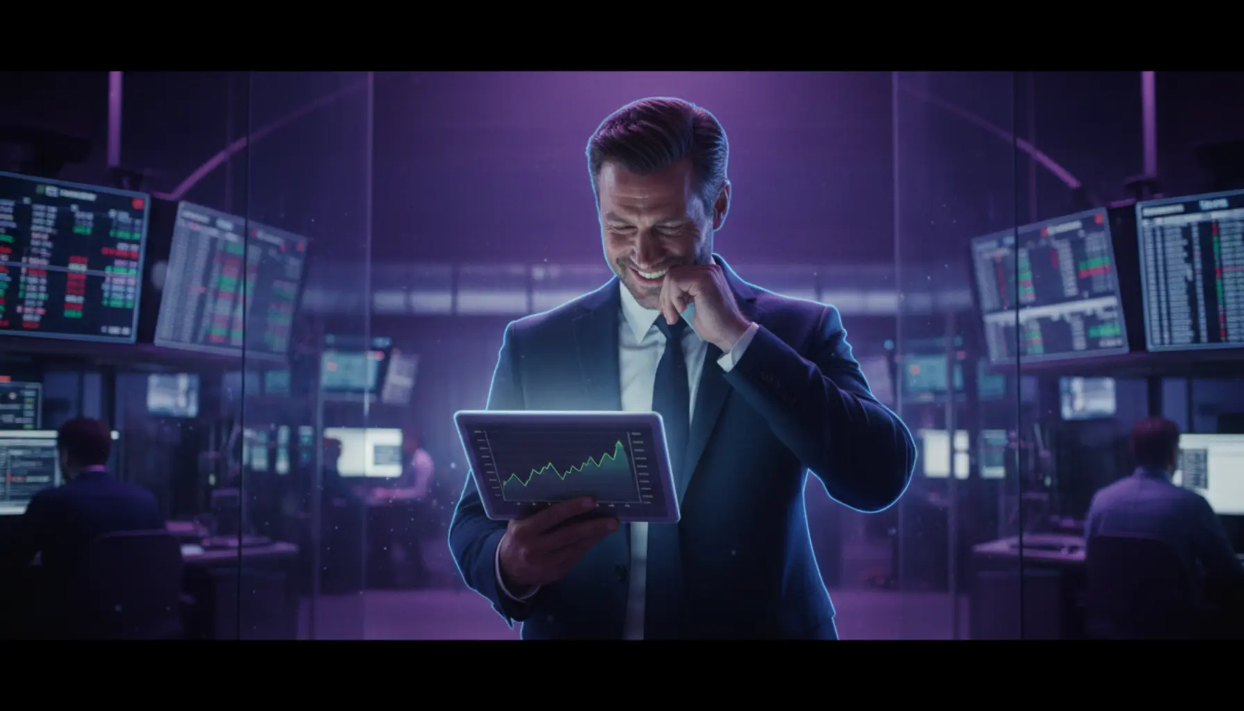 Executivo aliviado vendo gráfico de vendas em tablet no escritório moderno