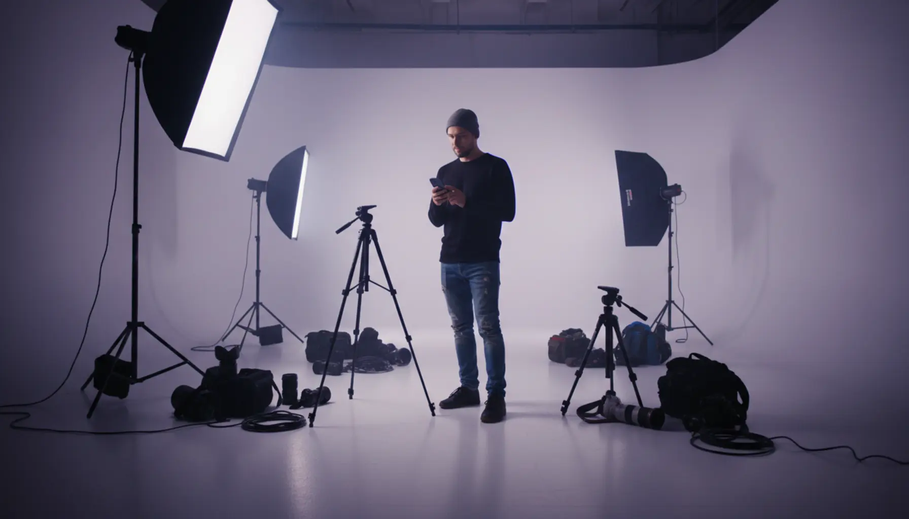 Fotógrafo calmo agendando no celular em estúdio branco com equipamentos e luzes coloridas