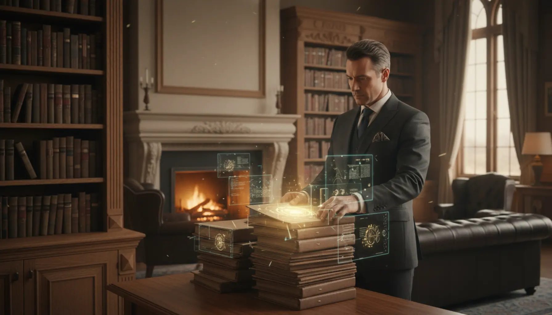 Consultor em biblioteca de luxo escolhendo proposta dourada de destaque.