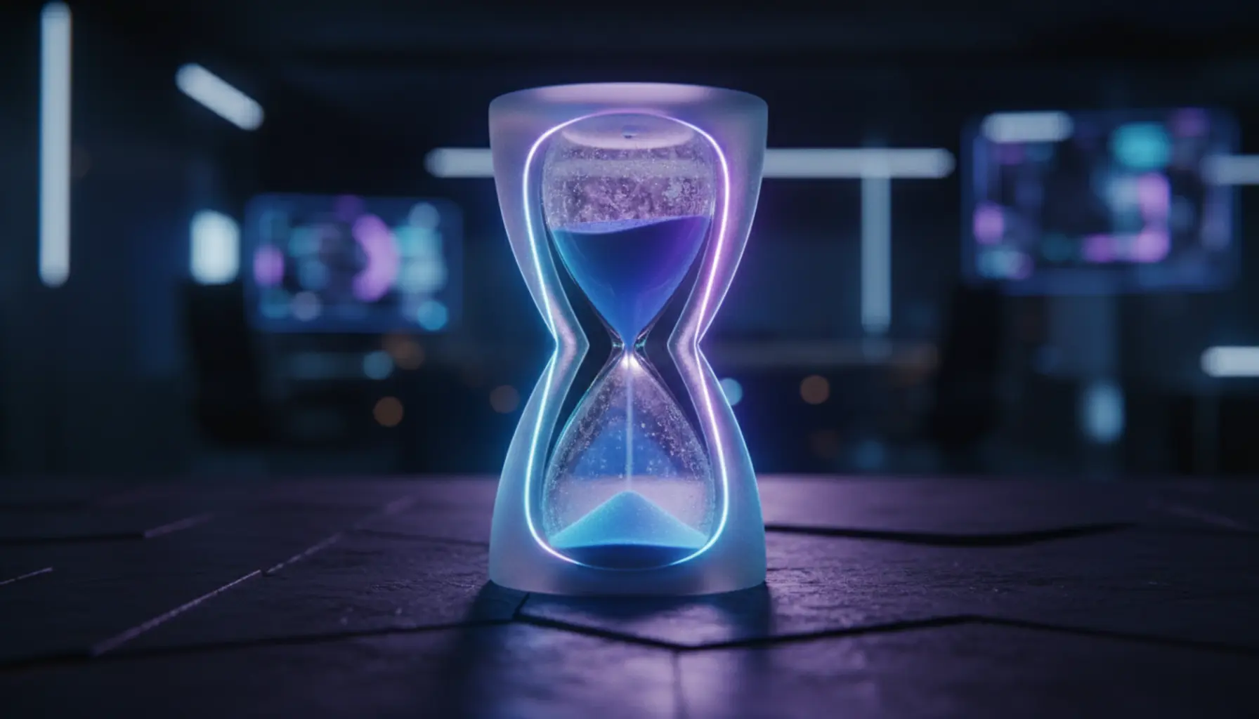 Ampulheta de vidro fosco com iluminação azul e roxa.