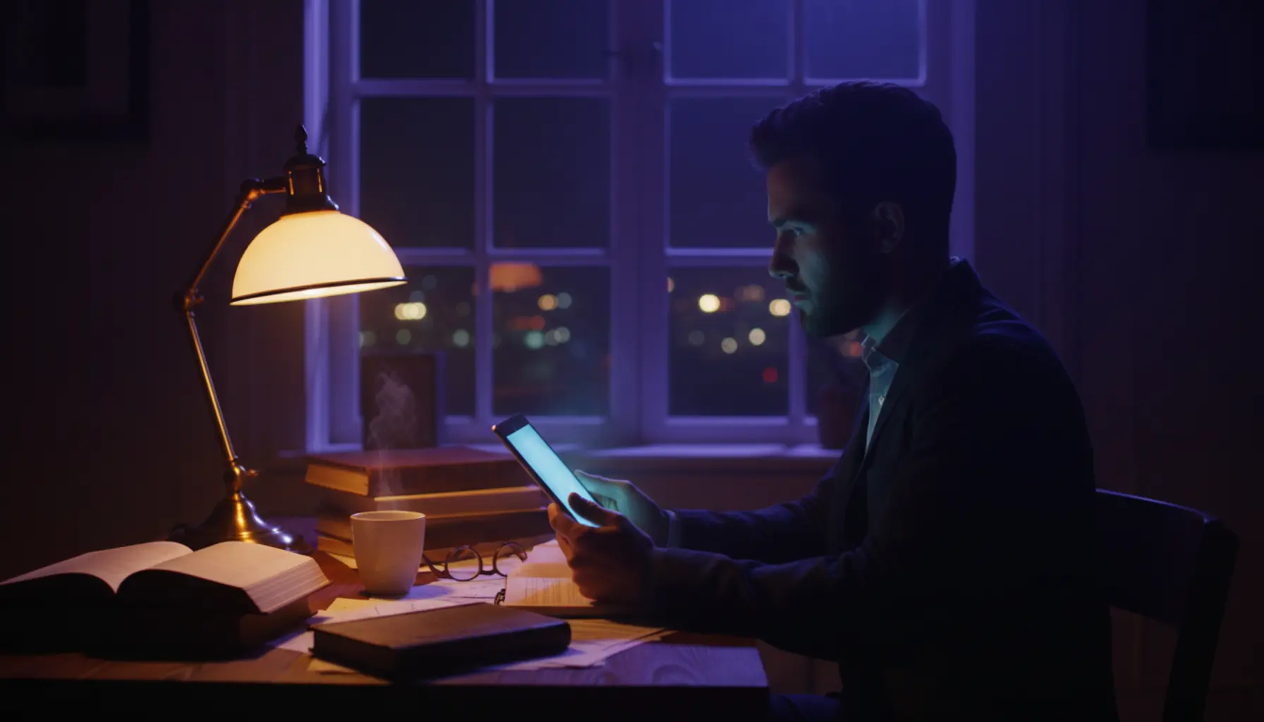 Jovem empreendedor feliz lendo tablet em quarto aconchegante à noite.
