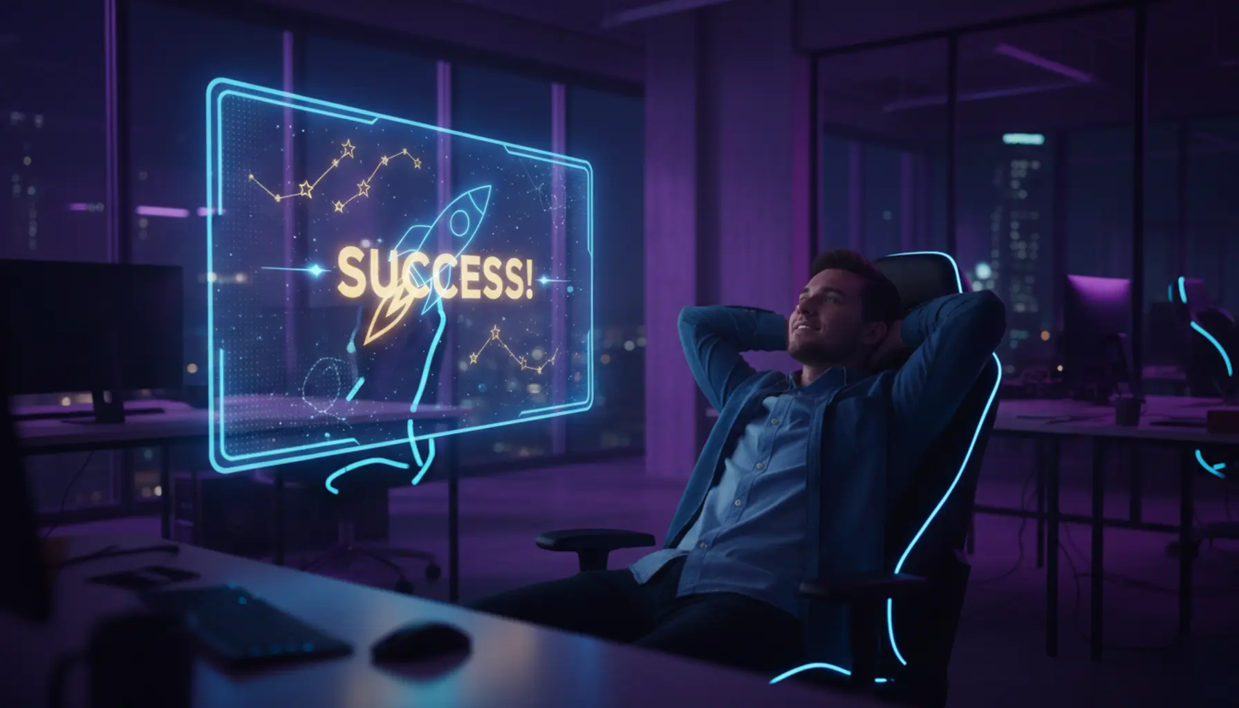 Empreendedor relaxado em escritório noturno com iluminação azul e roxa observando tela de computador.