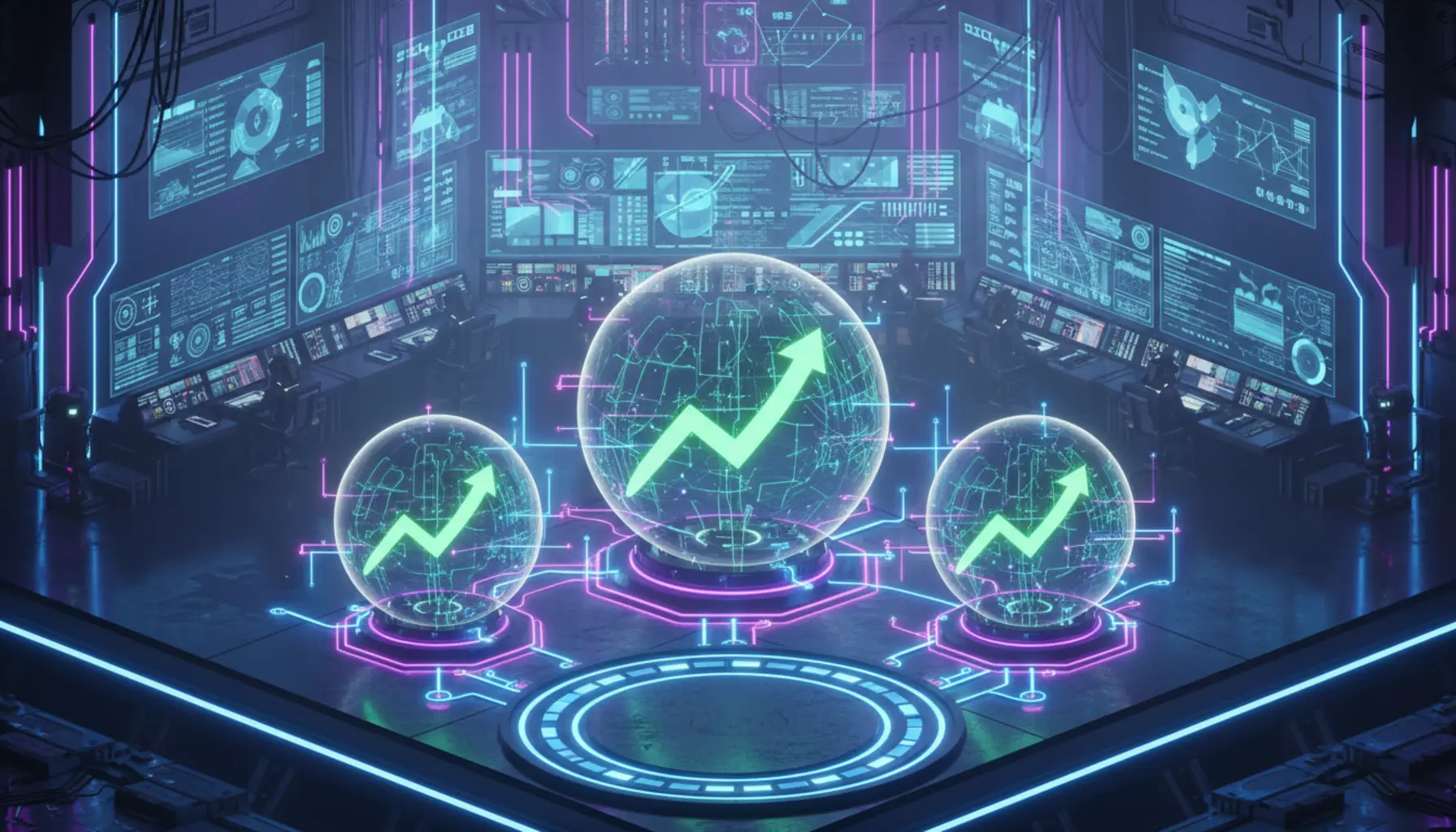 Painel 3D futurista com gráficos de desempenho em azul e roxo neon.