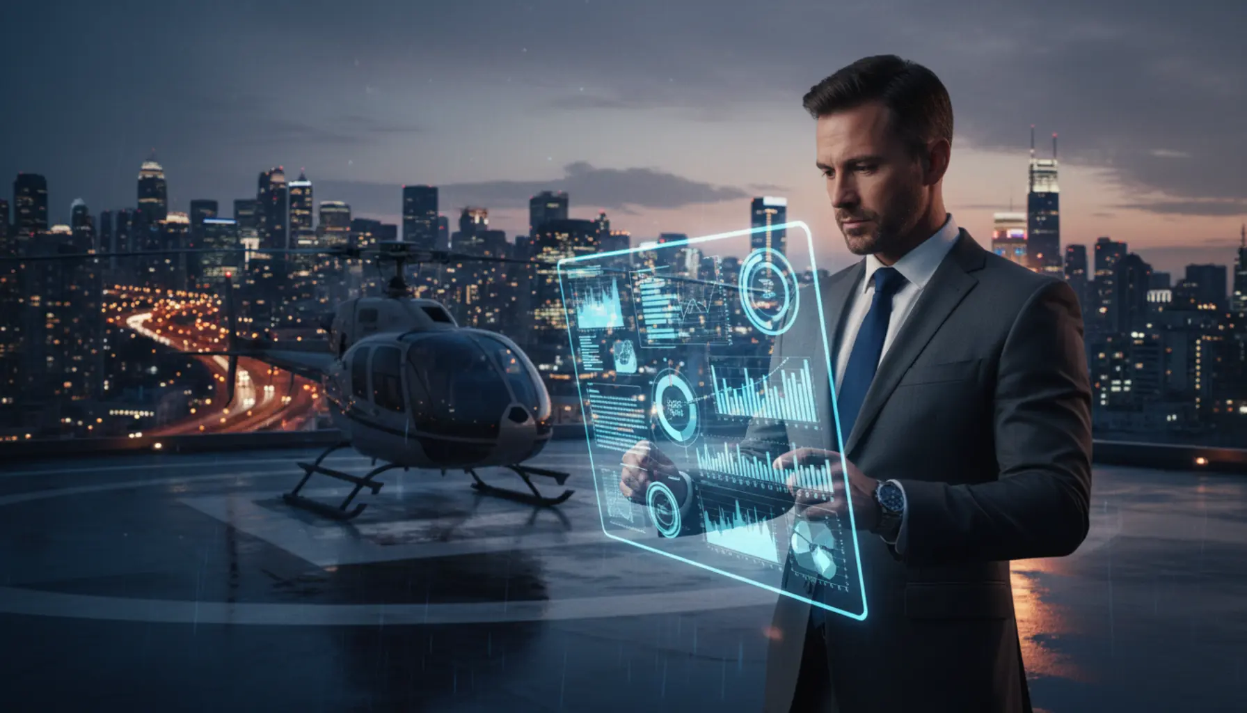 Executivo analisa gráfico de crescimento financeiro em tablet moderno