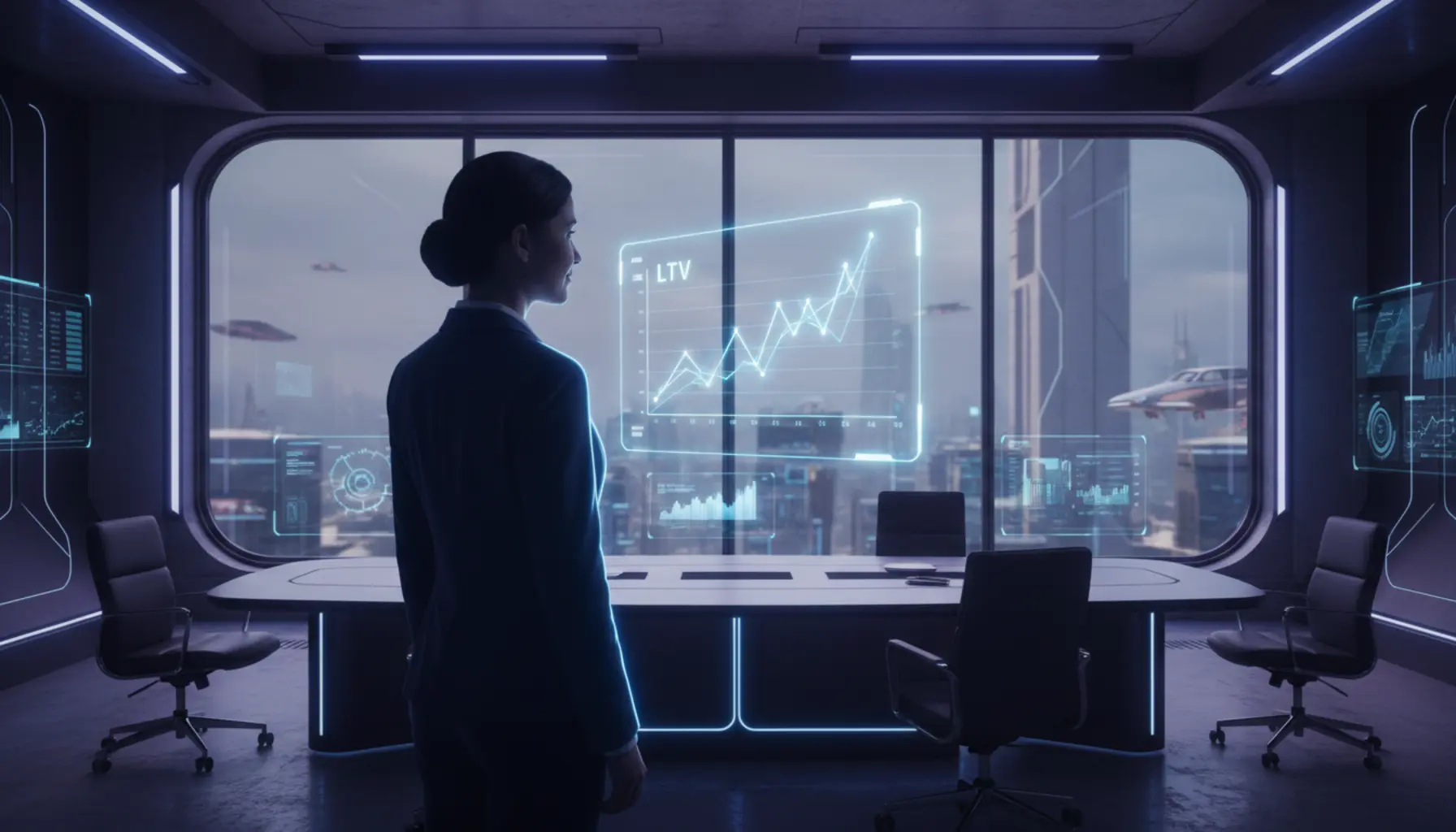 Executivo analisa gráfico LTV em tablet transparente escritório moderno amanhecer