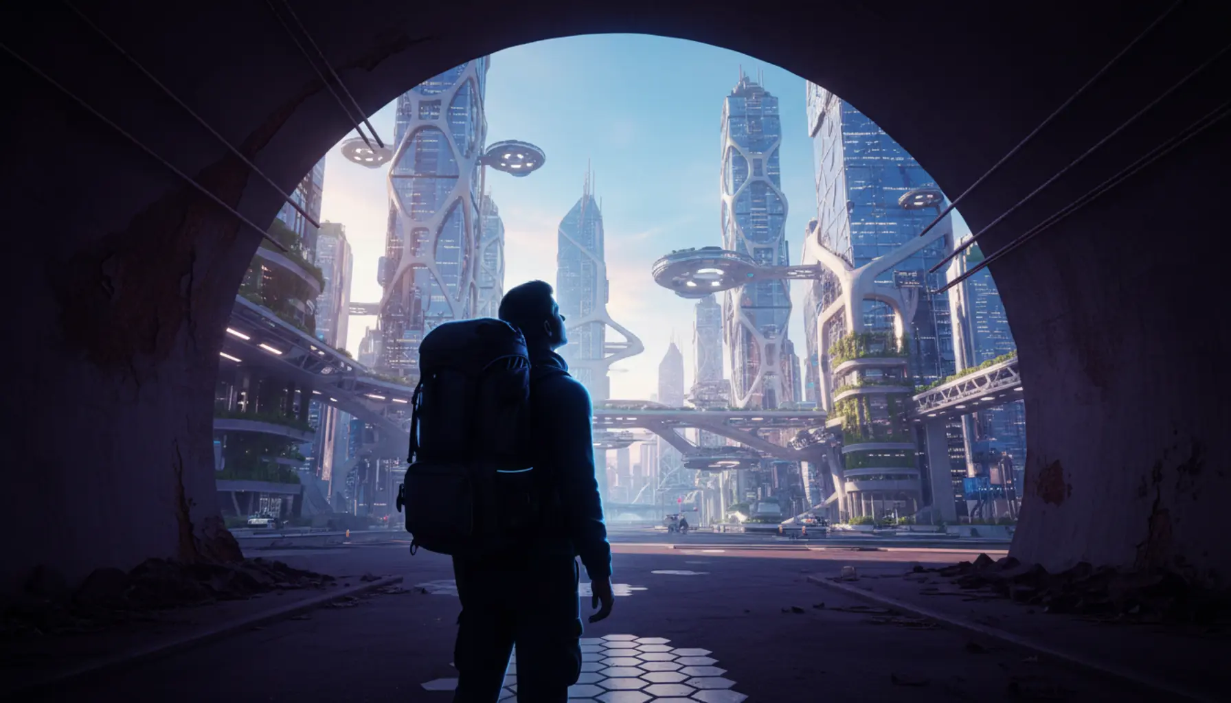 Pessoa com mochila saindo de túnel escuro para cidade futurista iluminada