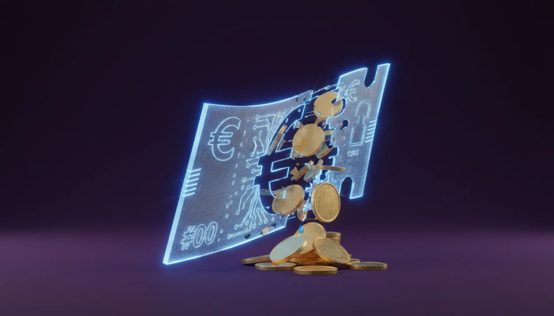 Boleto 3D de vidro transformando-se em moedas de ouro brilhantes sobre fundo escuro.