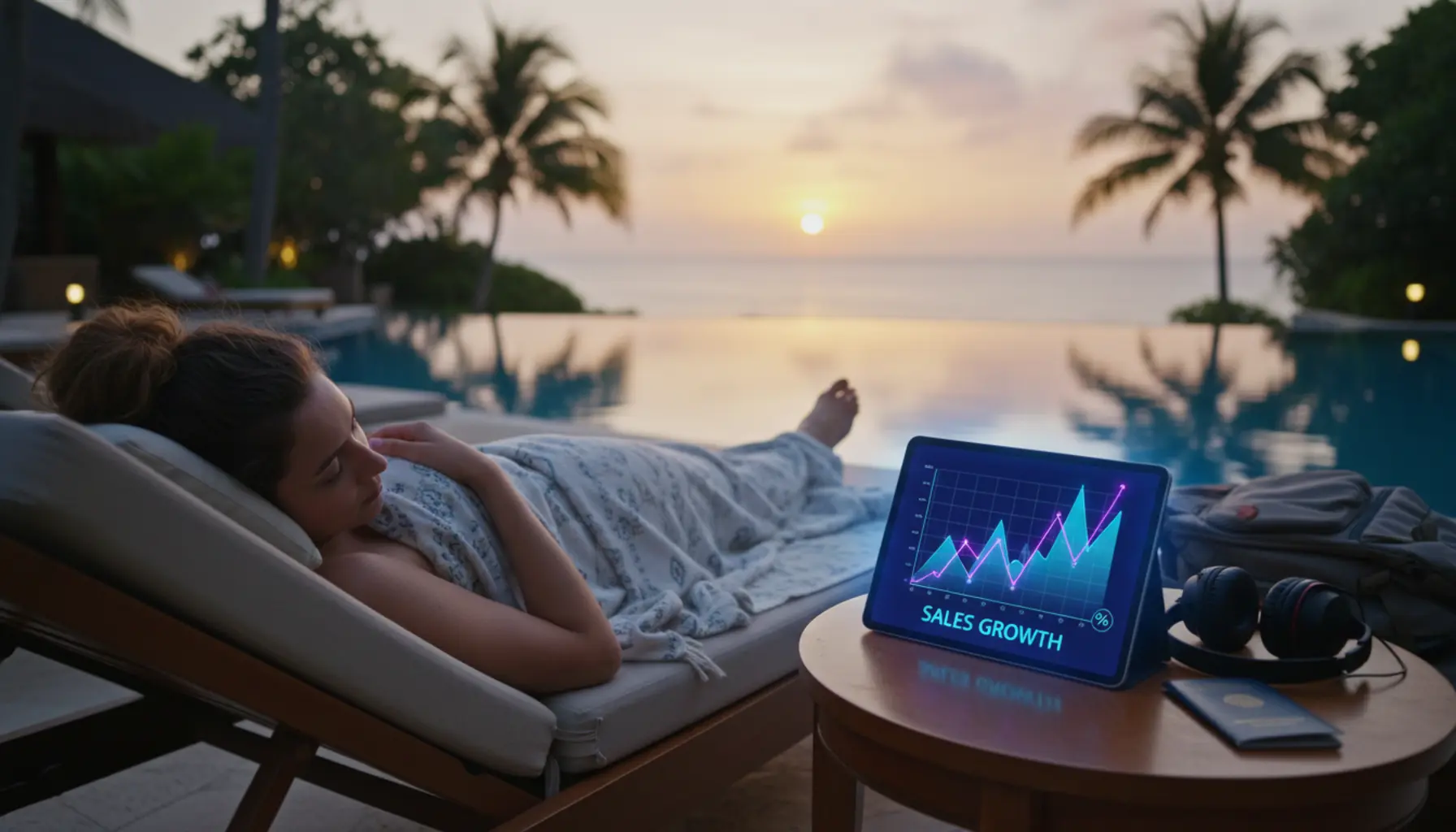 Nômade digital relaxando com tablet exibindo vendas automáticas no pôr do sol