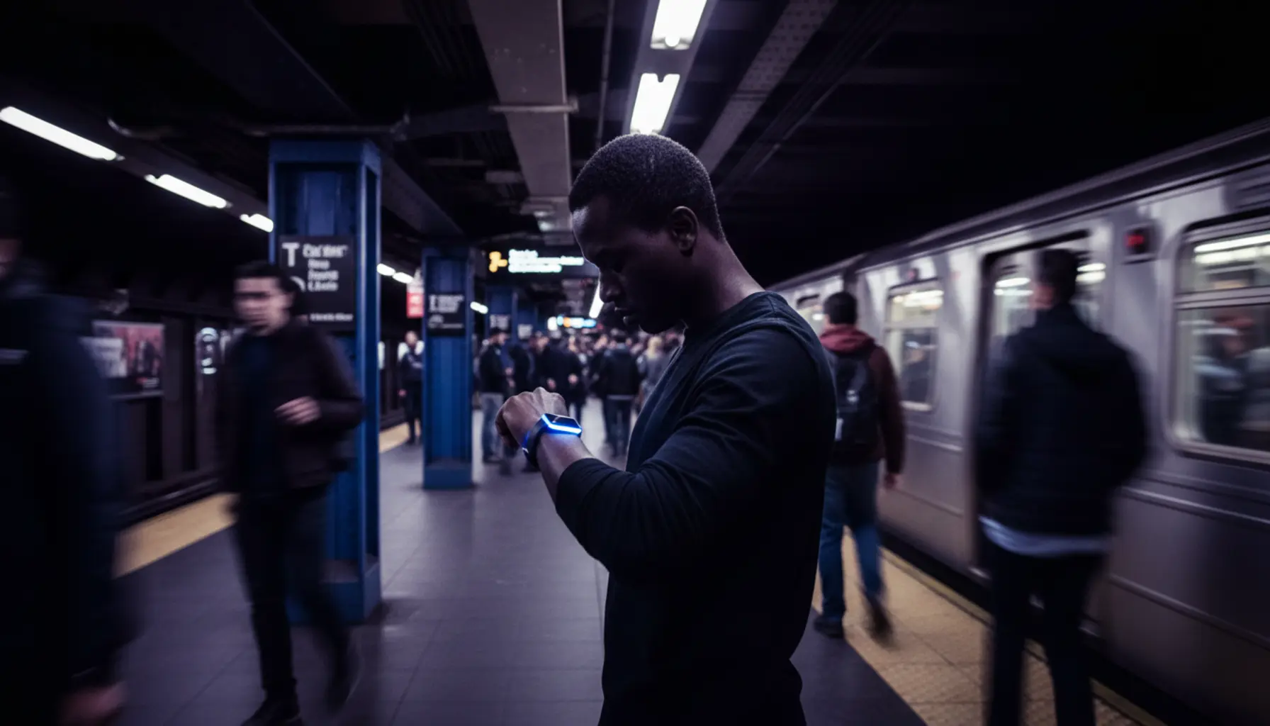 Homem olha smartwatch em estação de metrô movimentada com iluminação azul